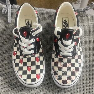 Vans Womens Black and White Checkered Sneakers with Red Accents
